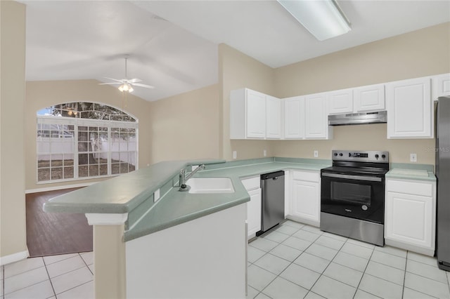 kitchen featuring kitchen peninsula, sink, white cabinetry, and stainless steel appliances