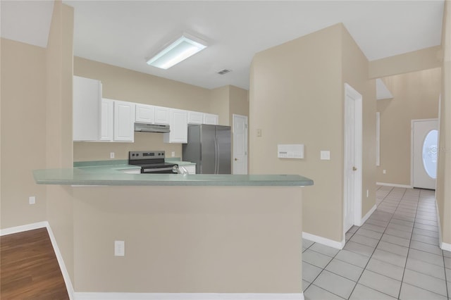 kitchen featuring light tile patterned floors, kitchen peninsula, white cabinets, and stainless steel appliances