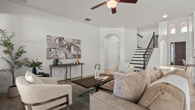 living room with ceiling fan