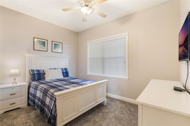 bedroom with ceiling fan and light colored carpet