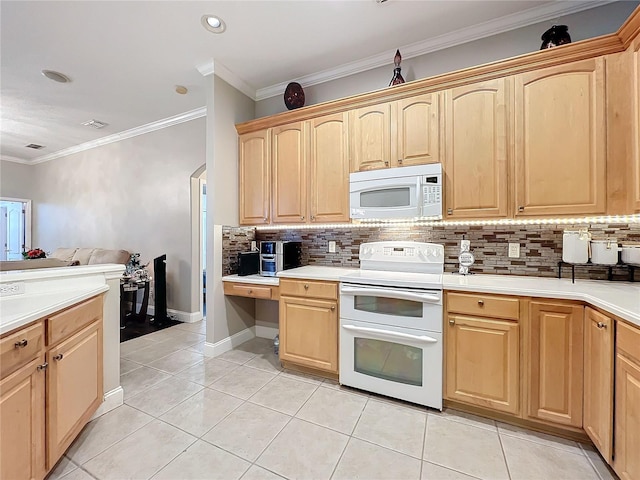 kitchen featuring backsplash, light tile patterned floors, light brown cabinetry, and white appliances