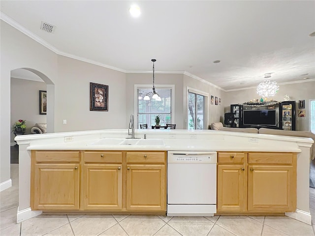 kitchen featuring a center island with sink, dishwasher, sink, and light tile patterned flooring