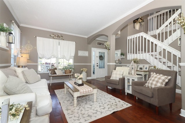 living room featuring crown molding and dark hardwood / wood-style floors