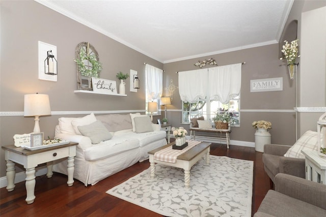 living room featuring dark hardwood / wood-style floors and crown molding