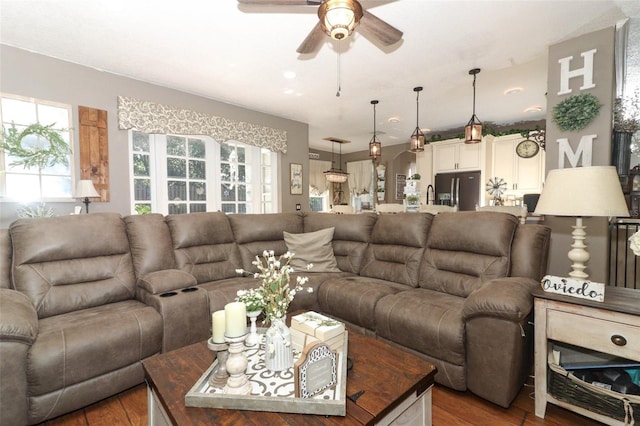 living room with ceiling fan and hardwood / wood-style floors