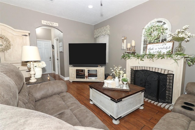 living room with hardwood / wood-style floors and a fireplace