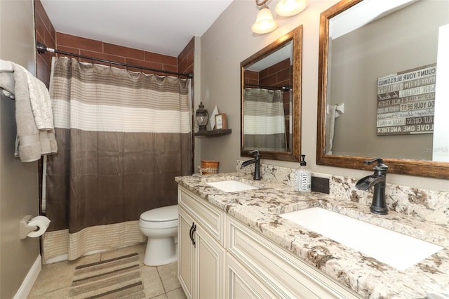 bathroom with toilet, walk in shower, tile patterned floors, and vanity