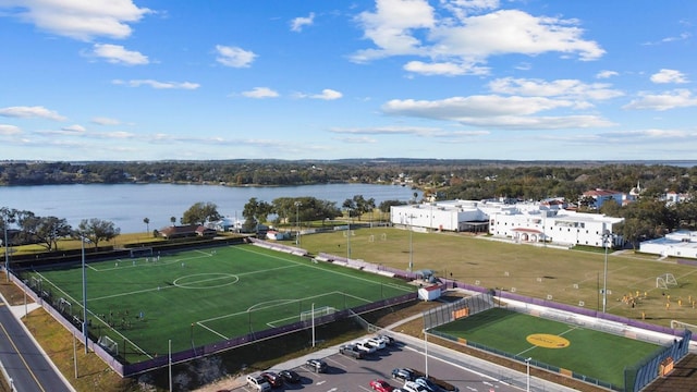 drone / aerial view with a water view