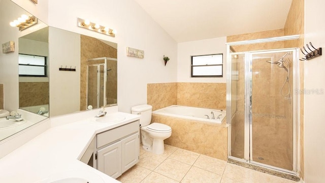 full bathroom featuring toilet, tile patterned flooring, and shower with separate bathtub