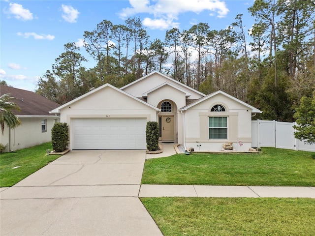 single story home with a garage and a front yard