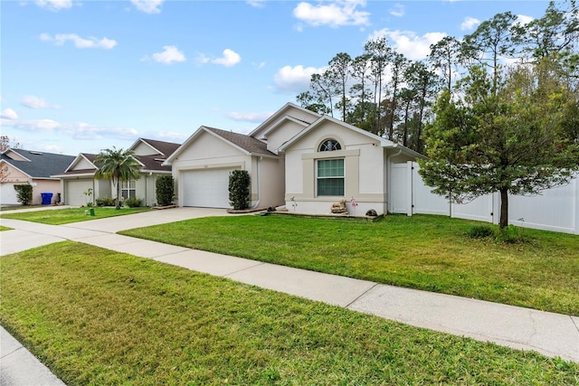 ranch-style home with a garage and a front lawn