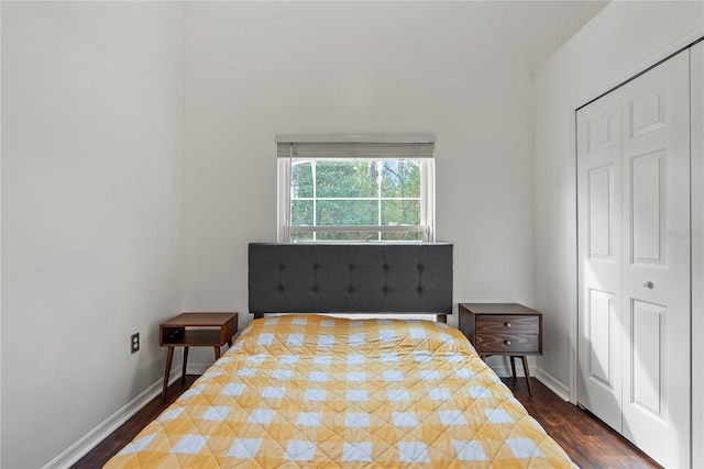 bedroom with a closet and dark hardwood / wood-style flooring