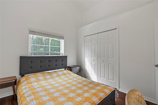 bedroom with vaulted ceiling, dark wood-type flooring, and a closet