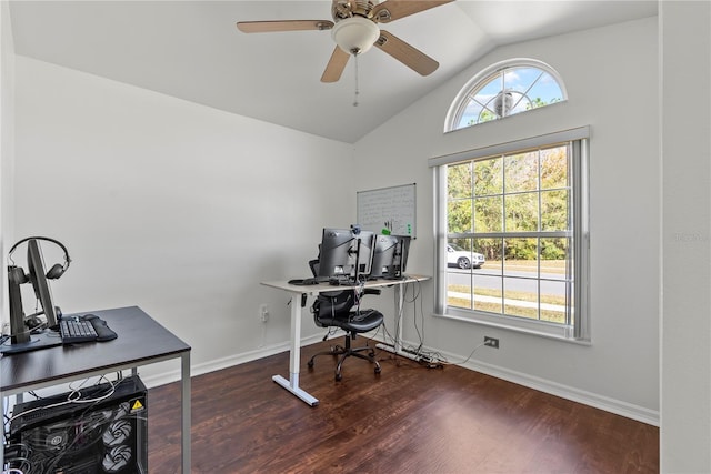 office area featuring lofted ceiling, ceiling fan, plenty of natural light, and dark hardwood / wood-style floors