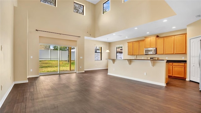 kitchen featuring a towering ceiling, dark hardwood / wood-style flooring, a breakfast bar area, and an island with sink