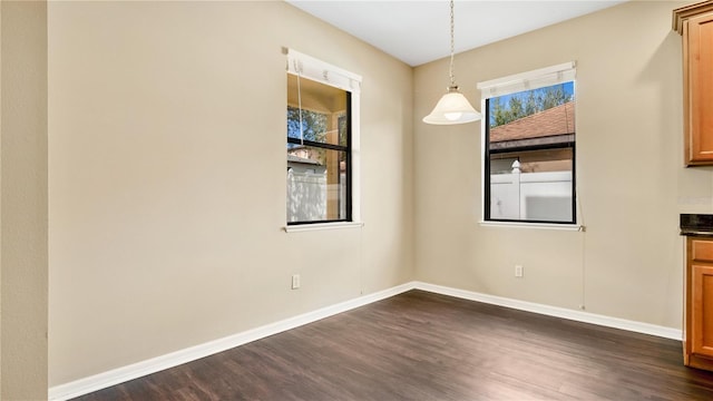 unfurnished dining area with dark wood-type flooring