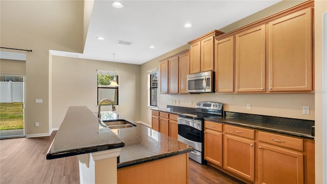 kitchen featuring pendant lighting, sink, dark wood-type flooring, a kitchen island with sink, and stainless steel appliances