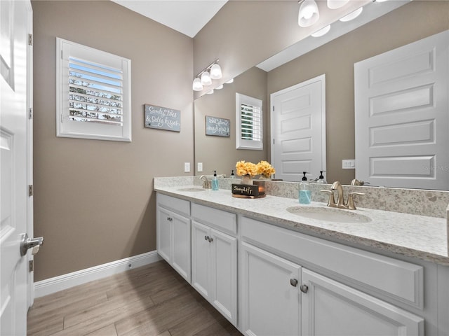 bathroom featuring vanity, plenty of natural light, and hardwood / wood-style floors