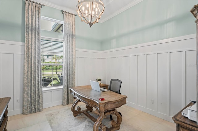 tiled office space with crown molding and a chandelier