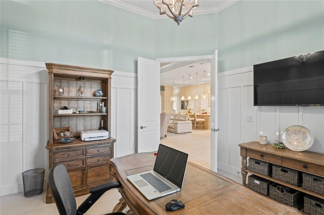 office featuring light tile patterned floors, a notable chandelier, and ornamental molding