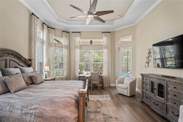 bedroom with ceiling fan, dark hardwood / wood-style floors, a tray ceiling, and ornamental molding