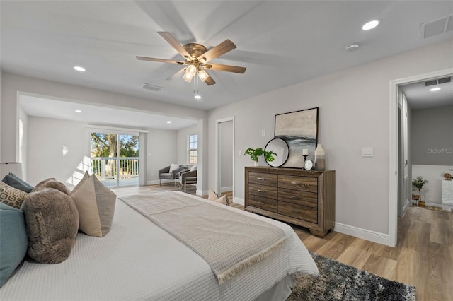 bedroom with ceiling fan, access to exterior, and light hardwood / wood-style floors