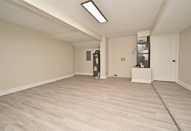 interior space with light hardwood / wood-style floors, electric water heater, heating unit, and electric panel