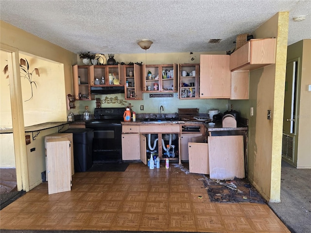 kitchen featuring light brown cabinets, dark parquet floors, a textured ceiling, black / electric stove, and sink