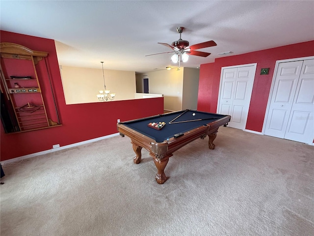 playroom with carpet, ceiling fan with notable chandelier, and billiards