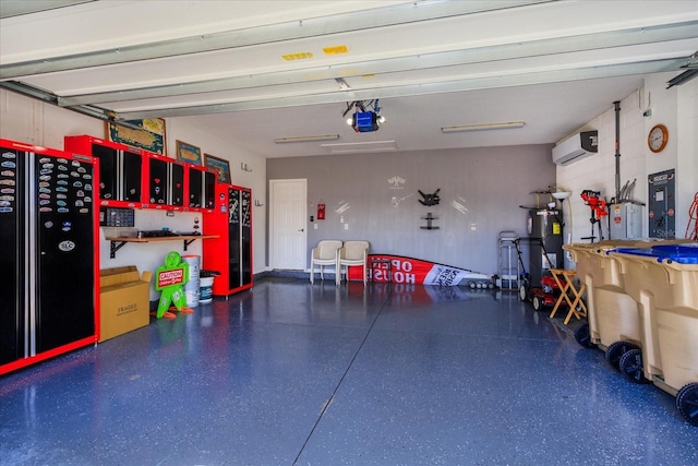 garage featuring black refrigerator, a garage door opener, and a wall unit AC