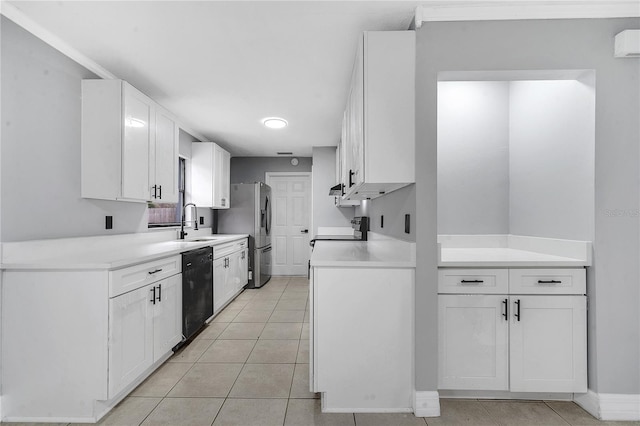 kitchen with sink, dishwasher, range, white cabinetry, and stainless steel fridge with ice dispenser