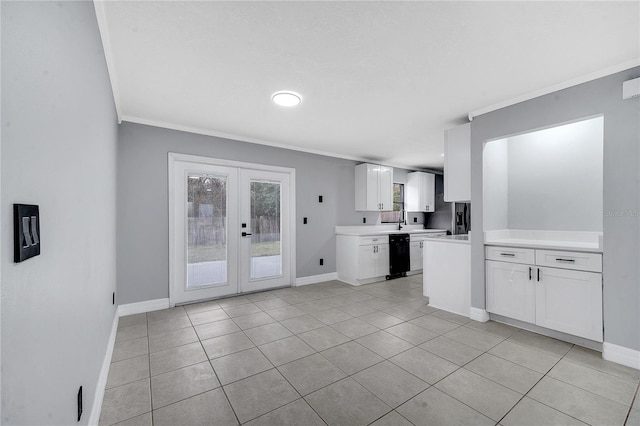 kitchen featuring white cabinetry, black dishwasher, french doors, and light tile patterned floors