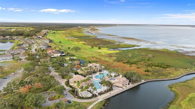 bird's eye view with a water view