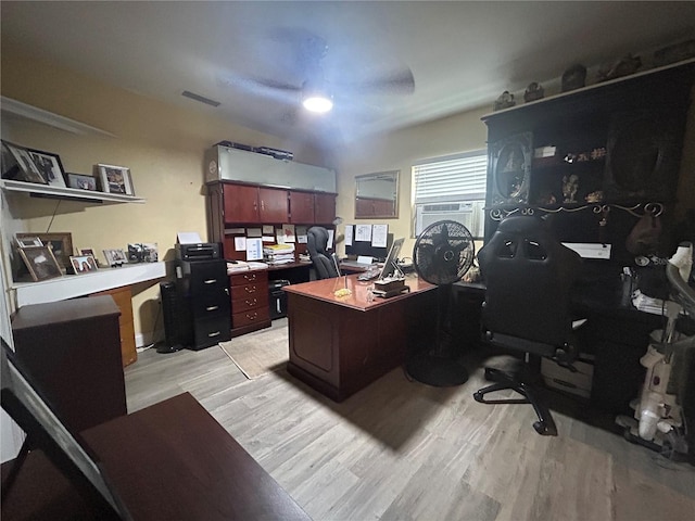 office area featuring cooling unit and light hardwood / wood-style floors