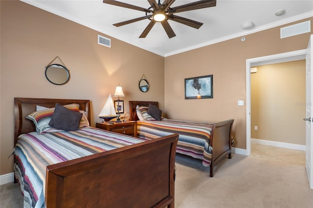 bedroom featuring ceiling fan, light colored carpet, and ornamental molding