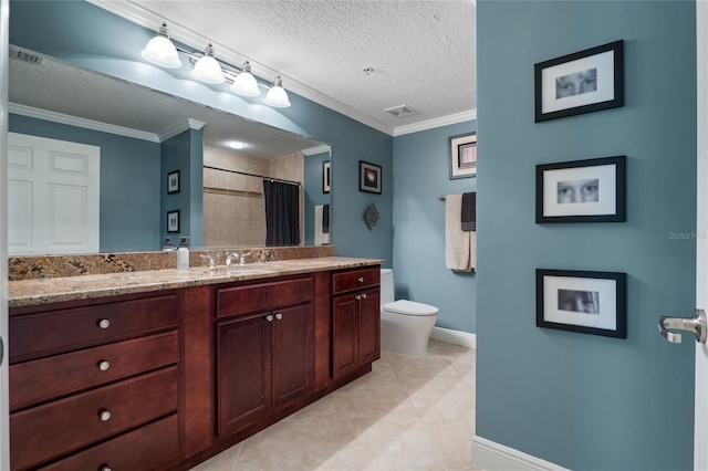 bathroom featuring a textured ceiling, vanity, a shower with curtain, toilet, and crown molding