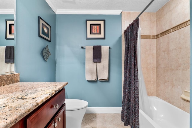 full bathroom with tile patterned flooring, vanity, toilet, ornamental molding, and shower / bath combo with shower curtain