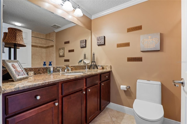 bathroom featuring a textured ceiling, tile patterned floors, vanity, toilet, and ornamental molding