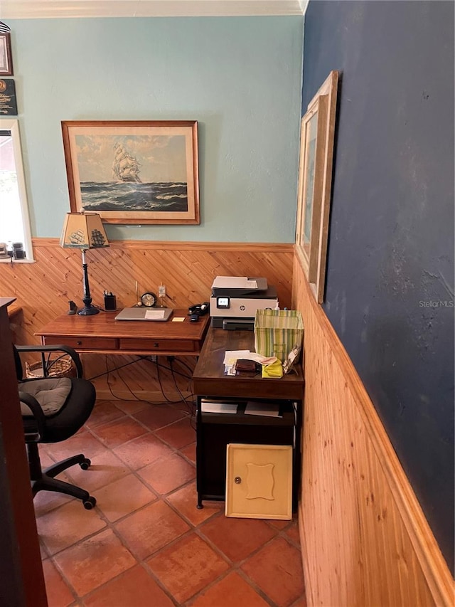 office featuring tile patterned floors and ornamental molding