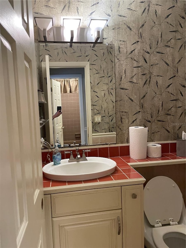 bathroom featuring toilet, vanity, and decorative backsplash