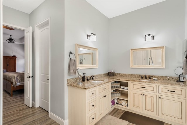 bathroom with vanity and hardwood / wood-style flooring