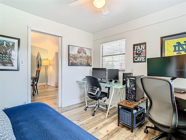 office with ceiling fan and light wood-type flooring