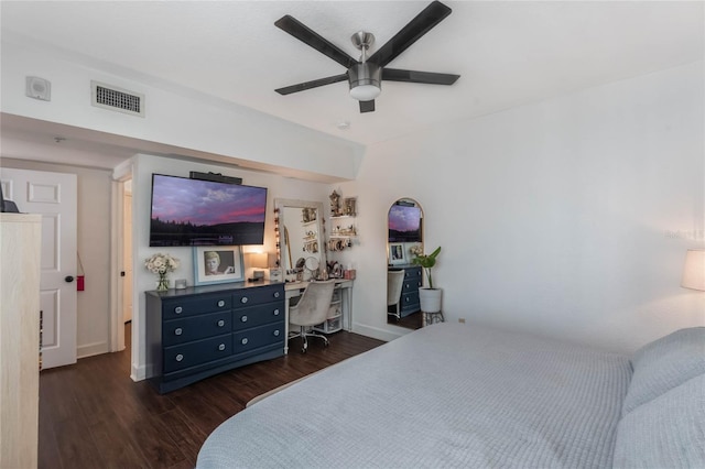 bedroom featuring ceiling fan and dark wood-type flooring