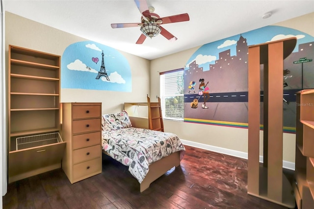 bedroom with ceiling fan and dark hardwood / wood-style floors