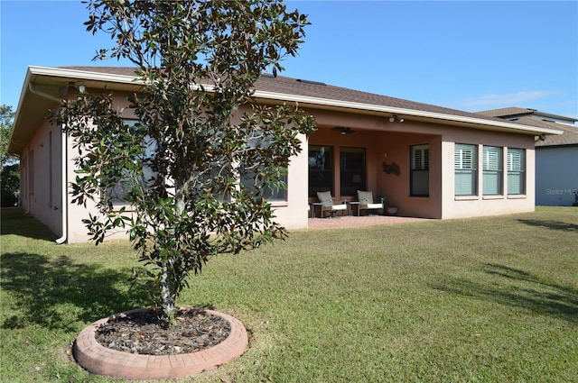 back of property featuring a patio area and a yard