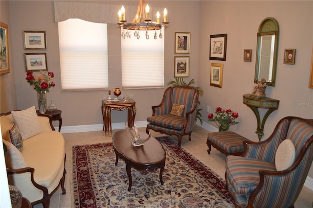 living area featuring tile patterned flooring and an inviting chandelier