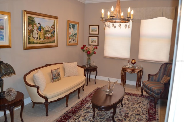 living area featuring light tile patterned floors and a chandelier