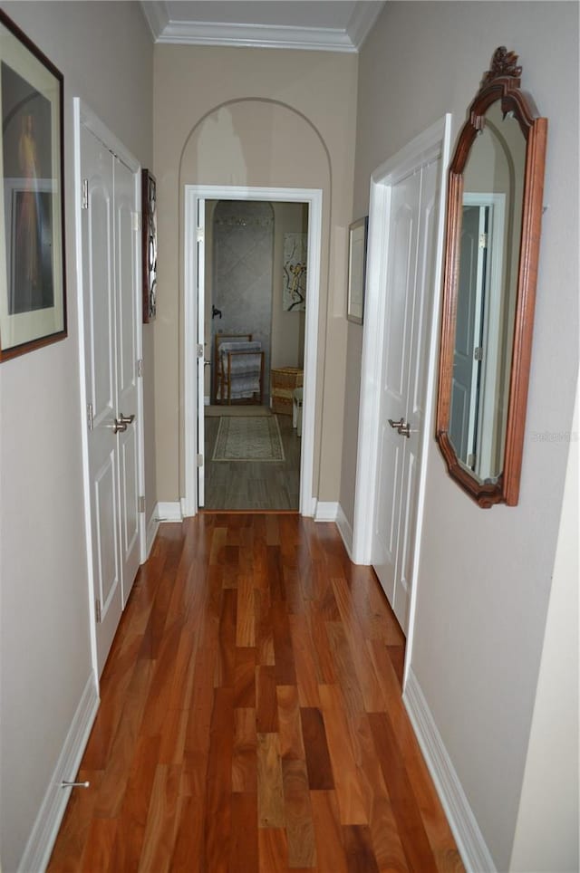 corridor featuring dark wood-type flooring and ornamental molding