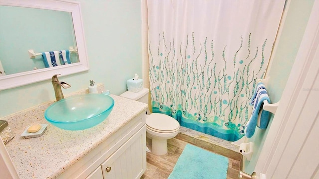 full bathroom featuring toilet, vanity, wood-type flooring, and shower / bath combo