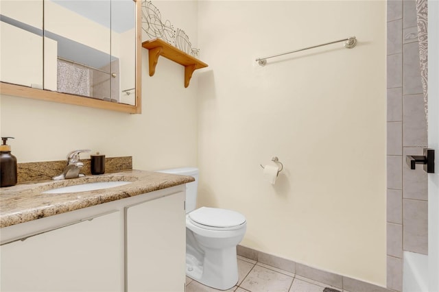 full bathroom featuring toilet, tile patterned flooring, plus walk in shower, and vanity